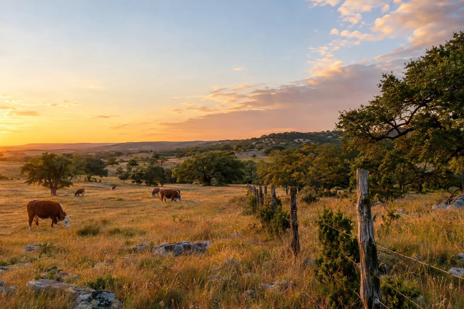 Central Texas Hill Country ranch with live oaks, a fence line and grazing cattle at golden hour